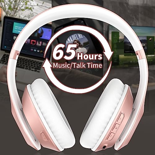 Glynzak Wireless Bluetooth Headphones Over Ear 65H Playtime Hifi Stereo Headset With Microphone And 6Eq Modes Foldable Bluetooth V5.3 Headphones For Travel Smartphone Computer Laptop Rose Gold #TOP3