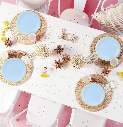 Image of HEIPINIUYE 50 Pieces Light Blue Paper Plates with Gold Foil 7 Inch Disposable Baby Blue Scalloped Dinner Plates for Wedding Baby Shower Birthday Party Dessert Plate