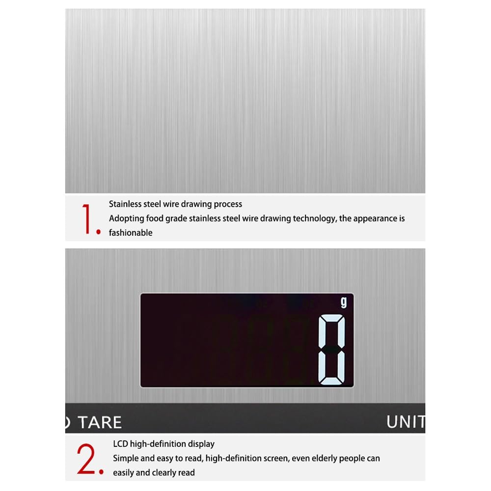 Báscula for Alimentos, Báscula Digital de Cocina, Peso en Onzas y Gramos for Cocinar y Hornear, Acero Inoxidable, 7 Unidades con Función de Tara, Pantalla LCD(5kg/1g)
