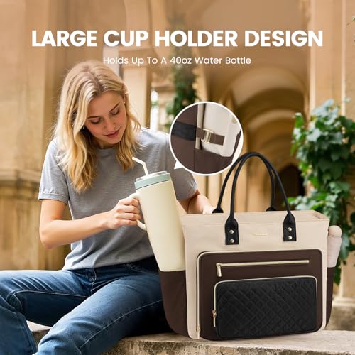 Image of LOVEVOOK Laptop Tote Bag for Women With Large Cup Holder, Work Bags Teacher Nurse Bag, 15.6 Inch Professional Briefcase Business Travel Large Purses Handbag Gifts, Diaper Bag With Multi-Pockets