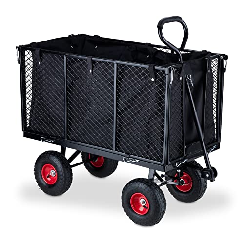 Relaxdays Carro Carretilla Mano, Carreta Jardín Grande, Laterales Plegables, Tela Extraíble, con Asa, hasta 500 kg, Negro/Rojo, Acero, 83 x 51 x 110 cm