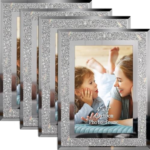 FWEEK Lot de 4 Cadres à Paillettes, Cadre Photo, Porte-Photo 10x15 cm, Design Diamant Élégant, Cadre Photo Verre pour Bureau/Maison/Cadeau (Horizontal ou Vertical)