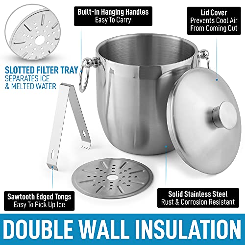 Zulay 3 Liter Double-Wall Insulated Ice Bucket For Cocktail Bar - Ice Buckets For Parties, Outdoor & Indoor - Stainless Steel Ice Bucket With Lid, Strainer & Tongs Included #TOP1