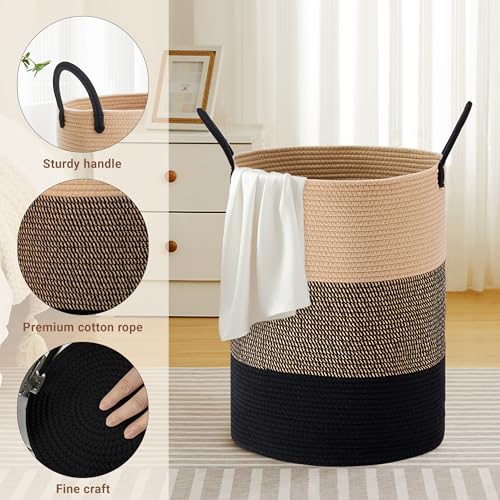 Image of 72L Large Tall Cotton Rope Laundry Basket with Handles, Brown & Black