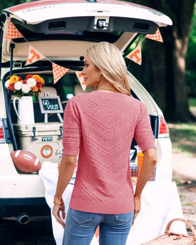 Image of Womens Puff Short Sleeve Sweater Summer Crew Neck Ribbed Knit Pullover Tops