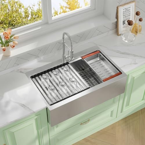 Rhbamoa 33 inch Stainless Steel Farmhouse Sink,16-Gauge T304 Stainless Steel Drop in Kitchen Sinks,Single Bowl Apron Front Kitchen Farm Sink,Deep Topmount Workstation Sinks with All Accessories