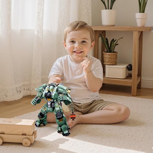 Image of Green Heavy Mecha Building Set 542 Pieces Armored Robot Action Figure with Meteor Hammer Weapon Articulated Military Warrior Model Kit Sci-Fi Collectible Gift for Adults Teens