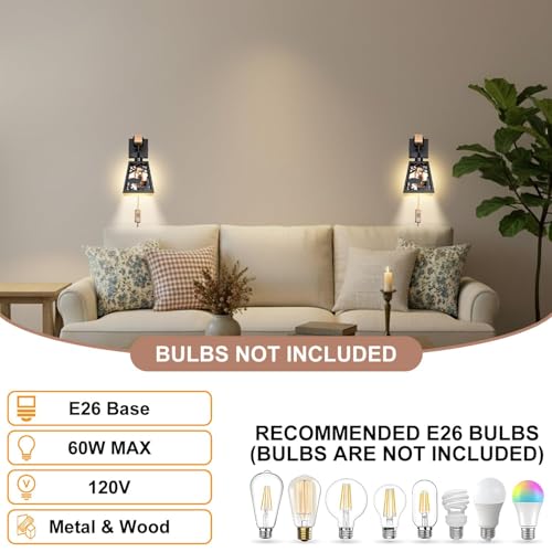 Image of Plug in Wall Sconce,Deer Matte Metal Rustic Wall Sconces,Black Wall Light,Farmhouse Wooden Wall Sconce Light Set of Two,Industrial Wall Lamps for Bedroom,Bedside,Living Room,Bathroom