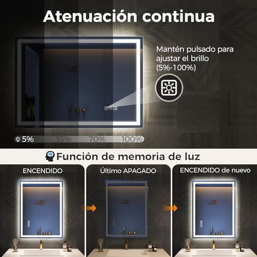 Miniatura 6 de Starlead Espejo-Baño-Con-Luz 60x80cm, Espejos-De-Baño-Con-Led Y Bluetooth, Antivaho, Regulable, 3 Colores Luz, Función Memoria, Ip44, Vidrio Templado Hd, Horizontal Vertical