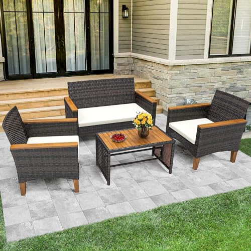 Yitahome MAYIHDNFIC Wooden Armrest 4-Piece Patio Furniture Set, All-Weather Outdoor Furniture Rattan Wicker Conversation Set thumb #2