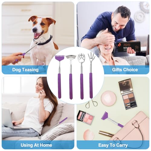 Image of Yeipis 4 Pack Different Back Scratcher Metal Portable Telescoping Tool with Beautiful Box, Extendable Back Massager with Rubber Handles, Gifts for Men Women Kids Adults (Purple)