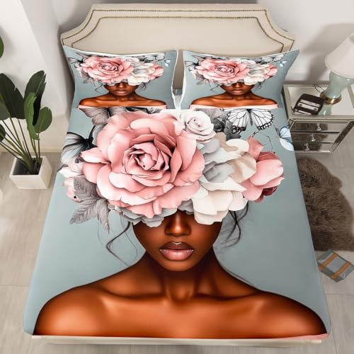 Exotic Girl Fitted Sheet Twin,Black Skin American Style Girl Bed Sheet 2 Pieces(No Flat Sheet),Watercolor Flowers Butterfly Bedding Set for Kids Adults,Modern Fashion Lady Deep Pocket Sheett