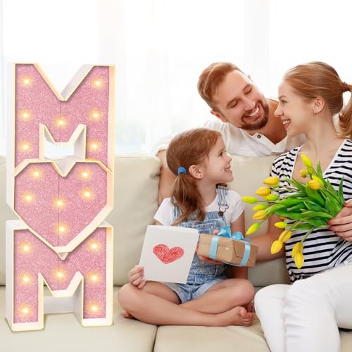 Image of Mother's Day Decorations LED Letter Lights, 4 Feet Tall 'MOM' Marquee Letters Lights Large Heart Sign for Mother's Day Wall Deor Birthday Party Decorations Supplies, Pink