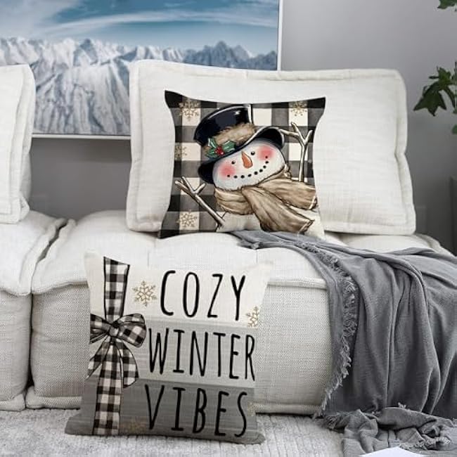 Warm Winter Wishes Decorative Throw Pillow Covers 18 x 18 Set of 4, Snowman Gnome Cozy Vibes Porch Outdoor Home Decor, Black White Buffalo Plaid Check Christmas Holiday Farmhouse Cushion Case