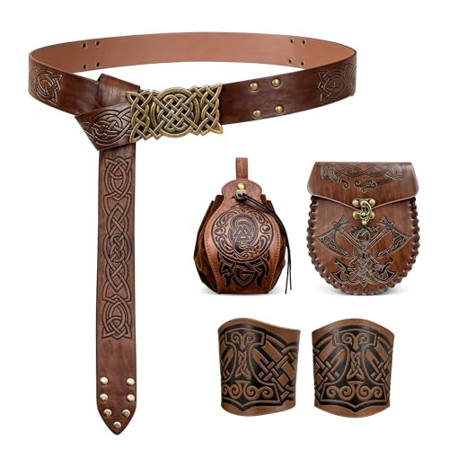Ecoret-Pro Wikinger Gürtel Set, Mittelalter Gürteltasche Geprägte Kunstleder mit Manschette Armband & Lederbeutel, Mittelalter Ritter Zubehör, Wikinger Kostüm Accessoires Anzug für Herren, Braun