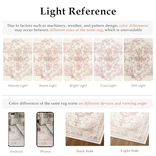 Washable Rug 8x10 Area Rug for Living Room Pink Vintage Boho Medallion Large Distressed Retro Carpet Non Slip Indoor Low Pile Small Soft Bedroom Dining Room Home Office
