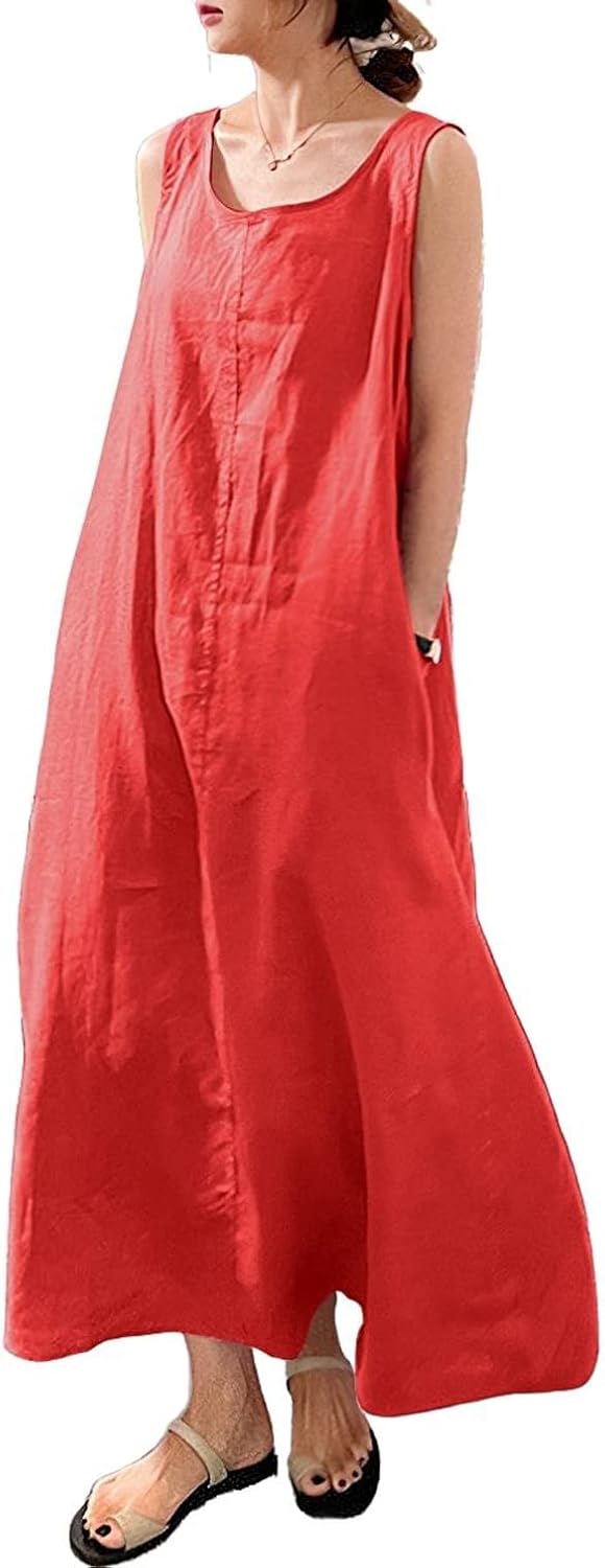 Sleeveless cotton maxi tunic beach dress with pockets.