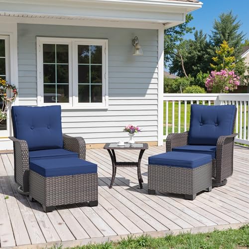 Image of ALAULM 5-Piece Outdoor Swivel Rocking Chair Set with 4” Thick Cushions and High Back, Wicker Patio Chairs with Side Table & 2 Ottomans for Porch, Poolside, Backyard—Dark Blue