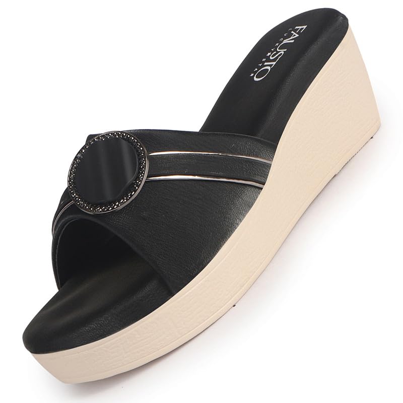Image of FAUSTO Women Buckle Design Wedge Heel Sandals | Comfortable Slip-On Platform Slides For All Day Wear, Casual and Party | Soft Cushioned Insole