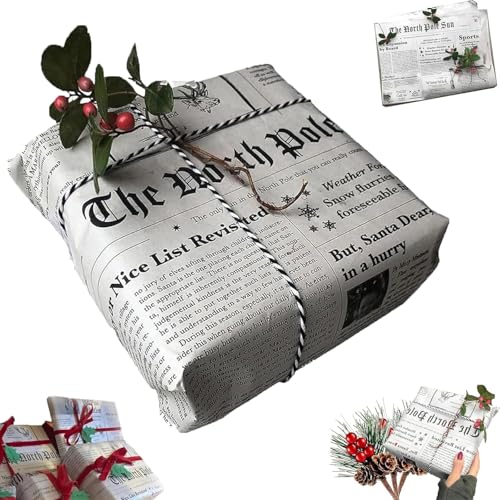 WDXIA Santa Claus Newspaper Wrapping Paper, Vintage Newspaper Gift Box Wrapping Paper, North Pole Newspaper Wrapping Paper, for DIY Christmas Paper Roll Gift Wrapping