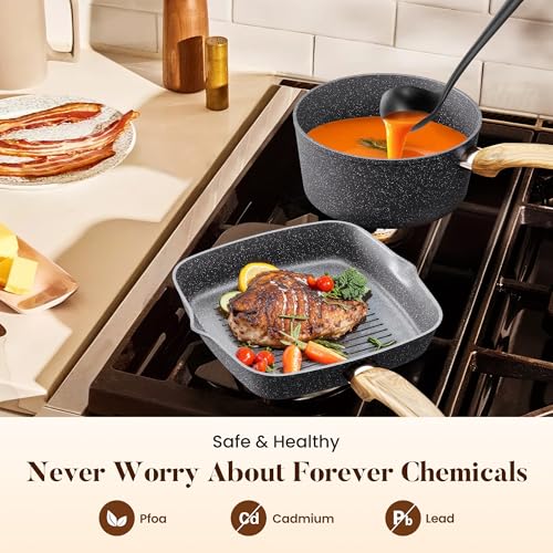 Kitchen Academy 17 Pcs Induction Hob Pots and Pans Set Non Stick, Nonstick Induction Kitchen Cookware Sets, Gray Granite Cooking Saucepan and Frying Pans Set - Image 3