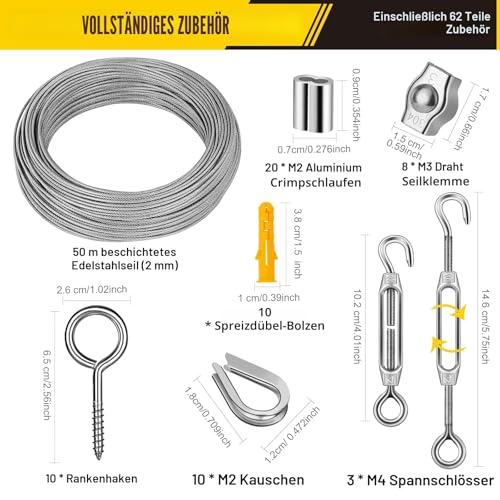UPDOKIT 62pcs Drahtseil Edelstahl Set, 50m Drahtseil für Kletterpflanzen, 2mm Stahlseil Ummantelt Set mit Ösen, Seilspanner, Drahtseilklemme für Rankhilfe, Zäune und DIY-Projekte