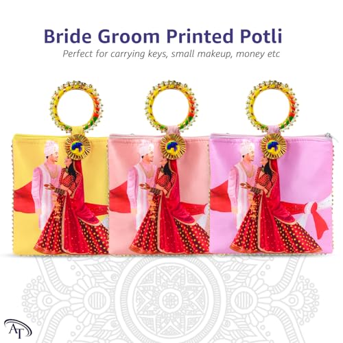Image of Women Potli Bags Pack of 18| Gifting Potli with Zip & Bangle Handle | Traditional Shagun Return Gifts Potli for Mehandi, Haldi, Baby Shower, Wedding, Sangeet (Couple Print)
