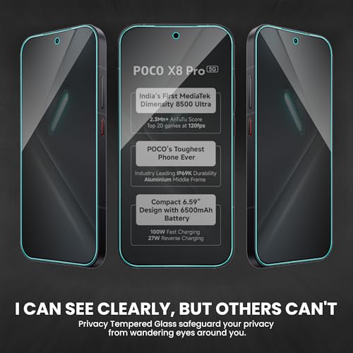 Image of FIRST MART Privacy Tempered Glass for Poco X8 Pro, 2 Pack | Anti-Spy 9H Screen Protector, Edge-to-Edge, Case-Friendly, Scratch Resistant, Bubble-Free