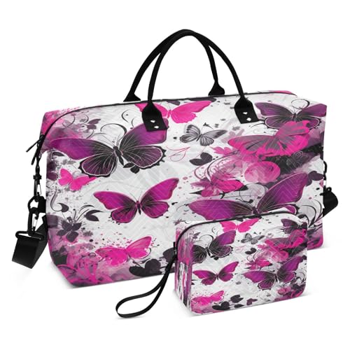 Butterflies Pink Art Sports Swim Gym Bag Weekender Duffel Travel Bags Handbag with Makeup Storage Bag for Girls Men