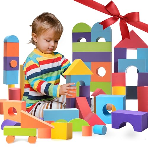 Image of Set of 34 Large Foam Blocks for Toddlers - Stacking Soft Blocks for Kids with Shapes & Colors Learning - Construction Building Preschool Toys - Soft Toy for Daycare Toddlers 3-5 & Above