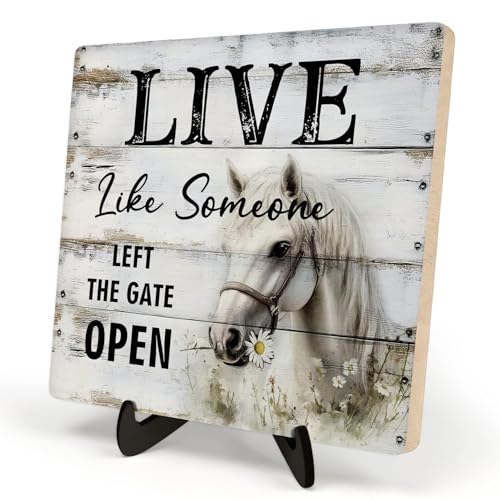 Rustic Farmhouse wooden sign, Office&Home Desk Decor -Live like someone left the gate, Country Western Horse Desk Decor, Inspirational Wood Sign for Horse Lovers 5.9x5.9 Inch(HORSE)