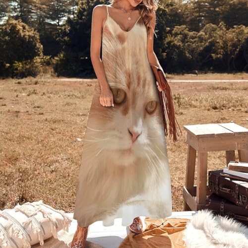 Robe chat rose imprimé graphique sans manches coupe longue et fluide