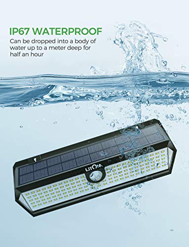LITOM Solar Motion Sensor Light, Large Size 122 LED Solar Lights with Front Button, Indicator Lights, 3 Modes and IP67 Waterproof Rating for Door, Garden, Deck, Porch- 4 Pack