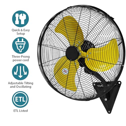 Image of AZOUTDOOR 20 inch Wall Mount Fan, 7000 CFM High Velocity Industrial Wall Fan with 3-Speed Setting, 120 Oscillating Mounted Fans for Warehouse, Workshop, Garage, Patios, Commercial Use ETL Listed, Yellow