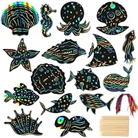 Kotkiddy® 16 Blätter Meerestiere kratzbilder für Kinder kratzpapier Regenbogen Scratch Art mit Holzstiften Seile DIY meerestiere Zeichnen Basteln