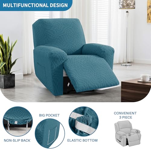 Image of ZNSAYOTX Stretch Oversized Recliner Cover 3-Piece (36 inch-46 inch) Super Soft XL-Recliner Chair Covers with Big Pocket & Anti Slip Ties Stay in Place, Lazy Boy Reclining Slipcover Durable Washable, Teal