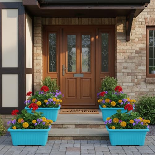 Image of Bianco Rectangular Plastic Pots for Plants, Jupiter Flower Pots for Home, Window Display, Garden (35 x 18.5 x 15 cm) (Blue) (Pack of 4)