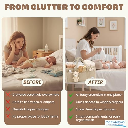 Image of OCEANEVO Fur Diaper Caddy Organizer Bag | WITH Diaper Changing Mat, Bag Charm and Luggage Tag | New Born Baby Essentials | For Mothers for Travel - 38 x 25 x 18 cm - Beige - 1 Year Warranty