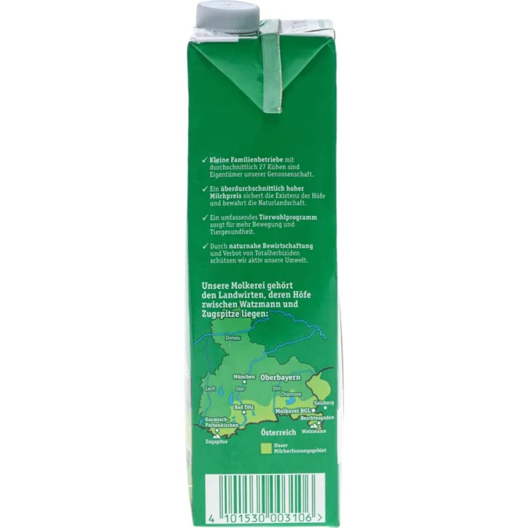 Milch Berchtesgadener Alpenmilch Land H-Milch 1,5% Fett Haltbare Milch Bergbauern-Milch, je 1 Liter, 24 Stück+ pufai