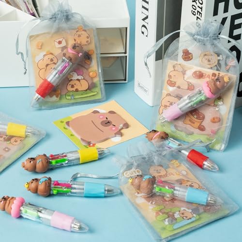 CY2SIDE Capy Stationery Party Gift - 12 Pack Back to School Gift Set with Fun Animal 4-in-1 Ballpoint Pen Sticky Note Sticker and Organza Capy Birthday Party Favor Goodie Bag Fillers Classroom Prizes - image 2