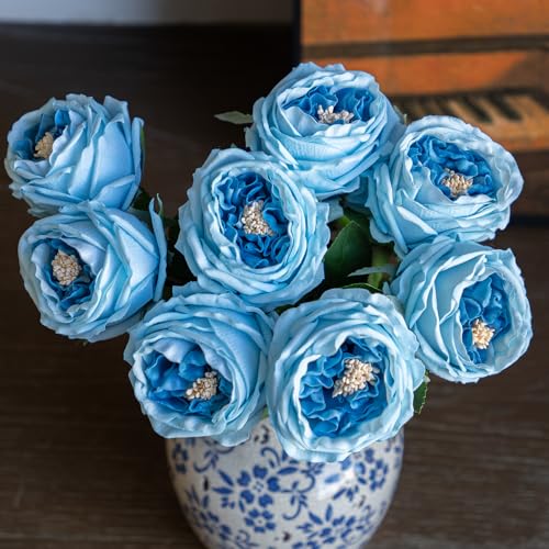 DUYONE Fake Flowers for Decoration Home Decor Artificial Flowers Austin Rose Peony Latex Fake Flower Living Room Decoration Vivid Pink Roses Peonies (Deep Blue 4pcs)