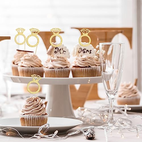 Gyufise 36Pcs Diamond Ring Cupcake Toppers Gold Glitter Diamond Wedding Ring Cupcake Picks for Marriage Engagement Anniversary Valentines Party Cake Decorations Supplies - Image 4