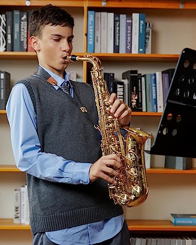 eastar student alto saxophone e flat for beginner sax full kit with carrying case mouthpiece straps reeds stand golden lacquer as-