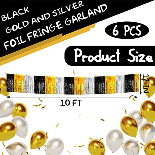 Image of 6 Pack 10 Feet Black Gold Silver Foil Fringe Garland Metallic Tinsel Streamers Banner Wall Hanging Backdrop Banner for Parade Floats, Thanksgiving, Christmas, Birthday, Halloween Party Decorations
