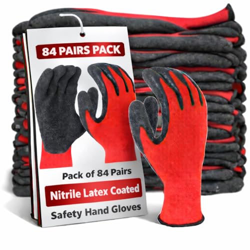 Image of Safety Gloves - Nylon Nitrile Coated Industrial & Home Cut Resistant Hand Gloves. (Black Red (Latex Coated), Pack of 84 Pairs)