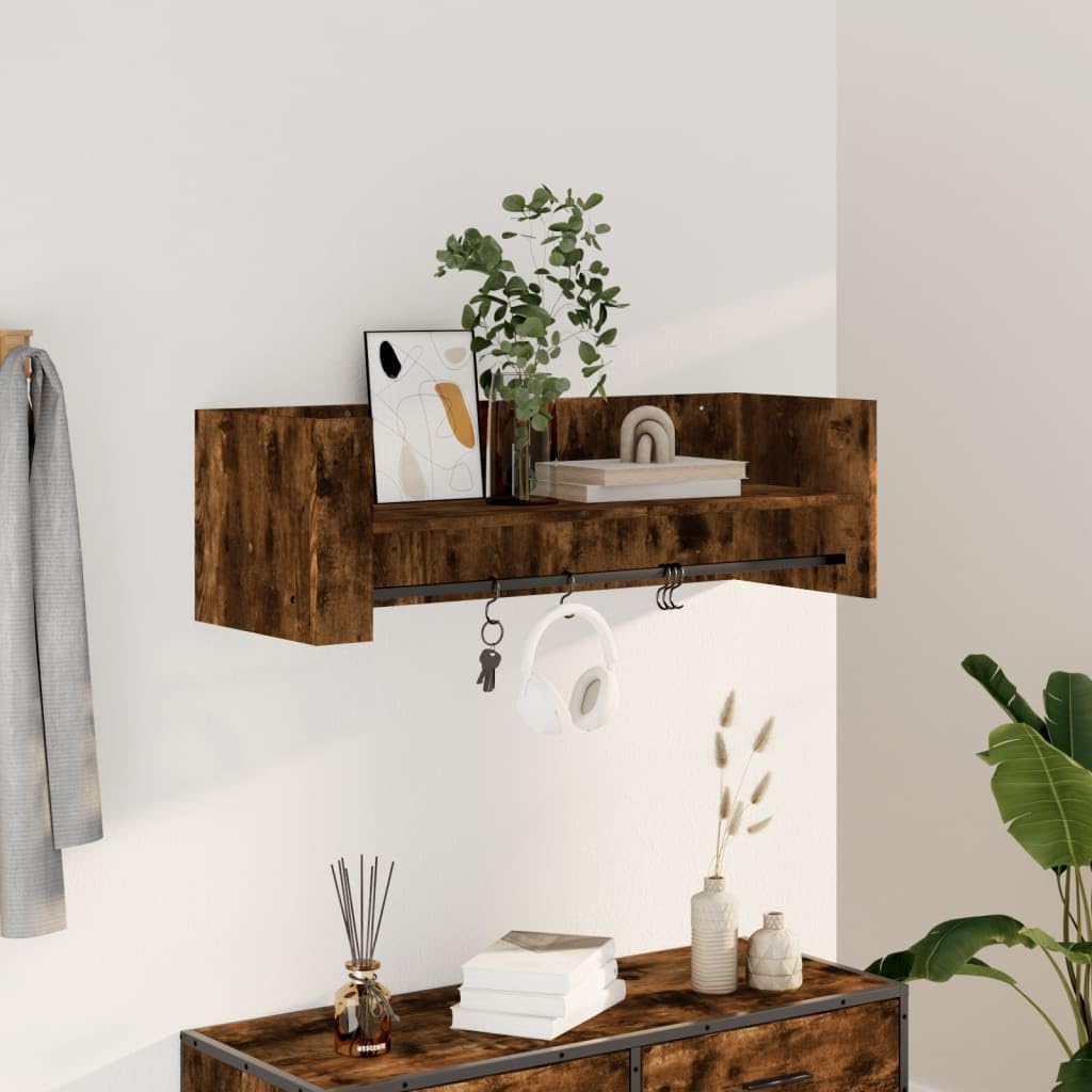 Étagère murale chêne fumé 100cm avec barre de suspension pour rangement salon et bureau