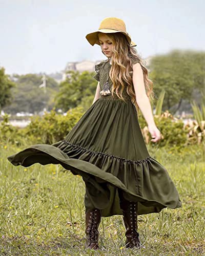 Bibihou Girl Kids Lace Crew Neck Flower Ruffle Sleeve Swing Holiday Party Wedding A-Line Maxi Long Dress, 8Y #TOP1