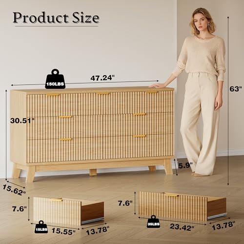 Image of BORNOON Fluted 7 Drawer Dresser, 47.2 inch Wide Modern Boho Chest of Drawers, Wooden Storage Dresser TV Stand for Bedroom, Living Room, Closet, Hallway, Curved Profile Design