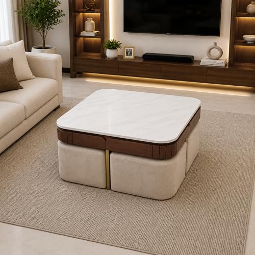 Image of The Attic Carlston Coffee Table for Living Room, Solid Wood Centre Table with Ceramic Top, Tobacco Brown Finish