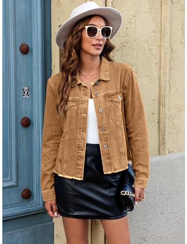 Image of luvamia Denim Jacket for Women Distressed Jean Jackets Button Up Vintage Western Trucker Jacket Frayed Hem Pockets
